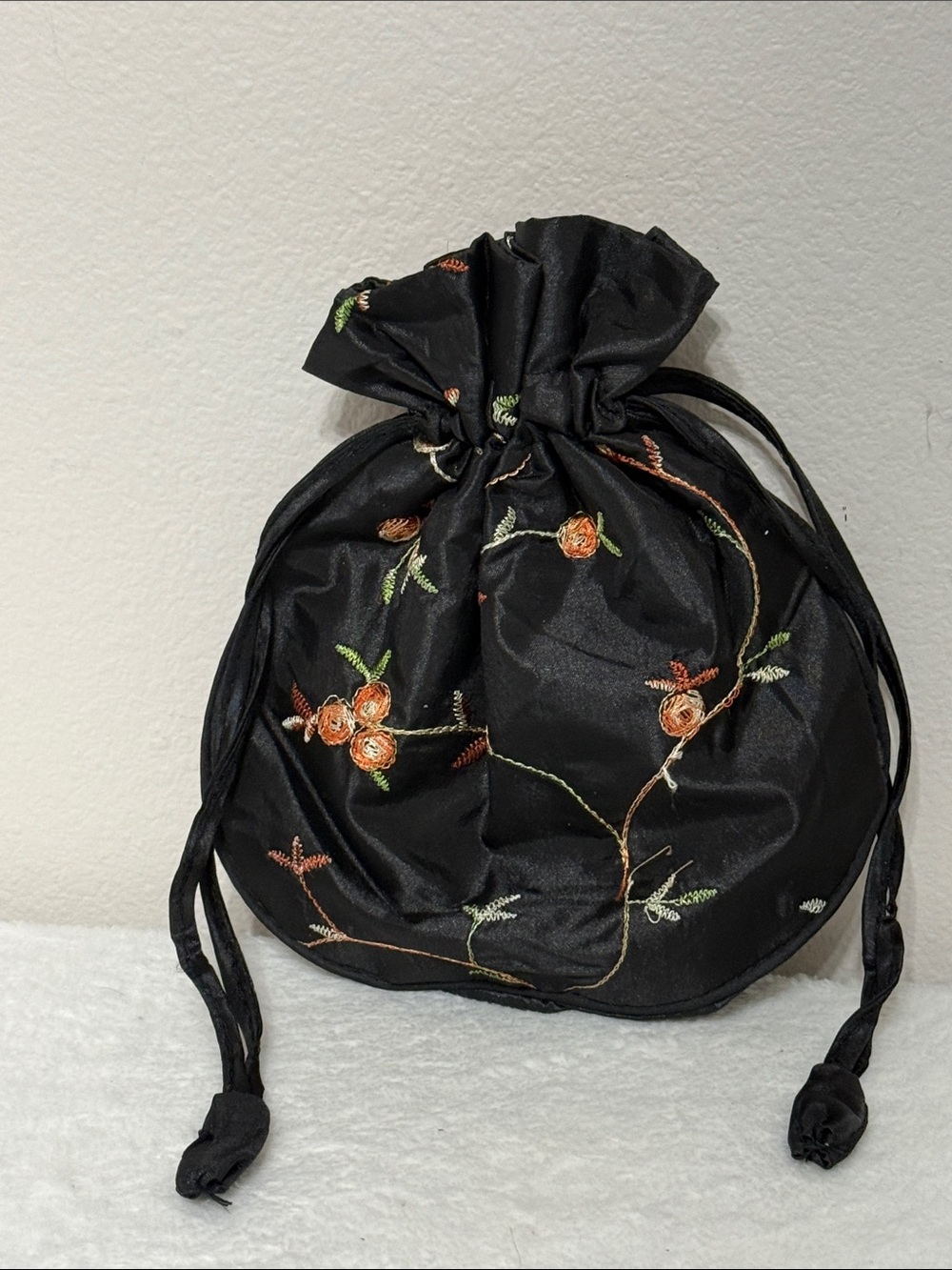 Black Embroidered Floral Drawstring Pouch Clutch